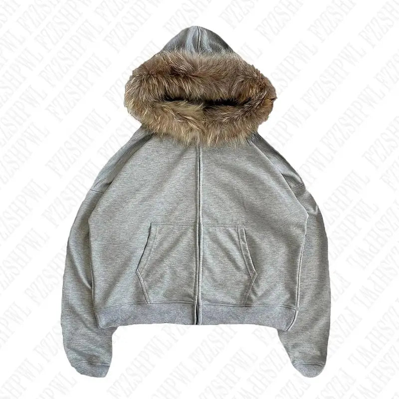 Grey Hooded Jacket with Fur