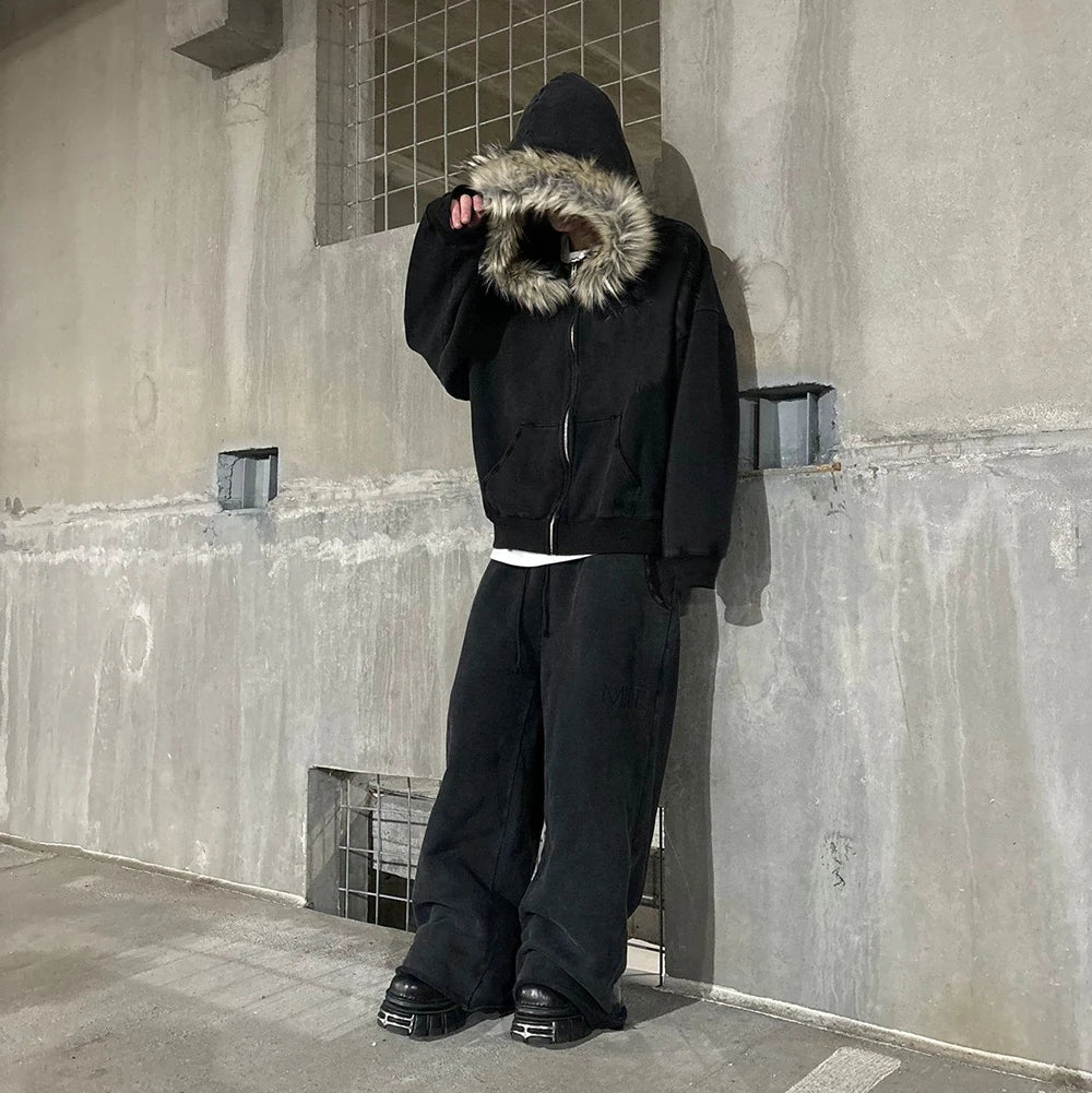 Black Hooded Men’s Jacket with Fur Trim