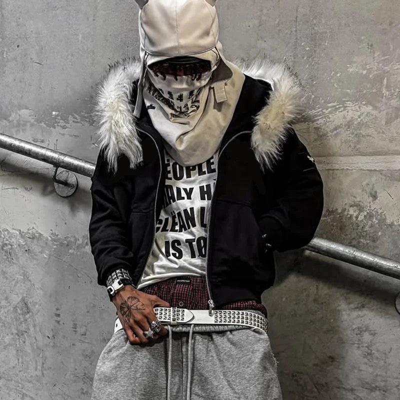 Black Hooded Men’s Jacket with Fur Trim