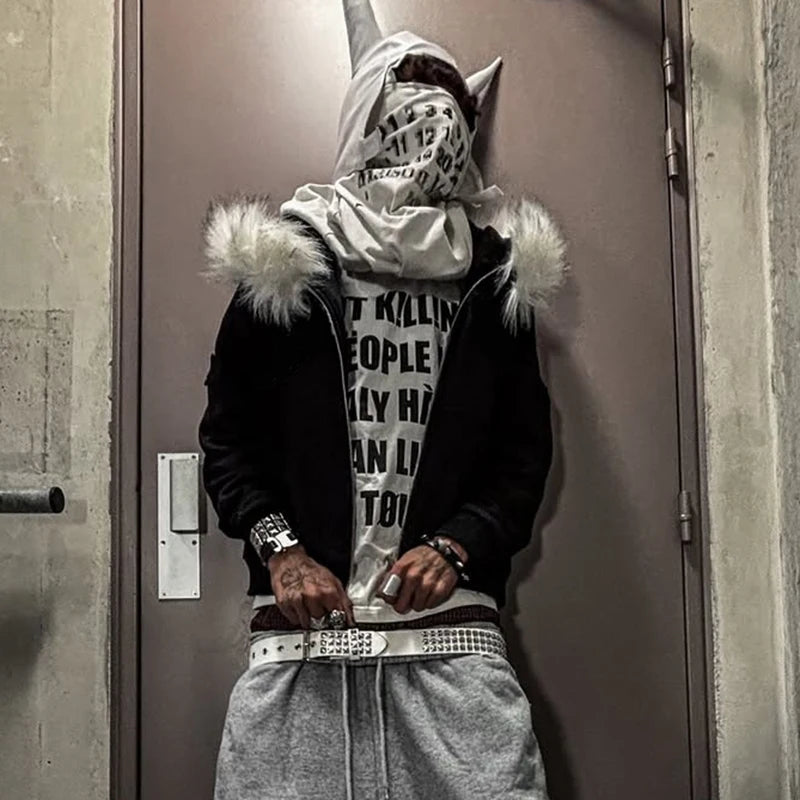 Black Hooded Men’s Jacket with Fur Trim