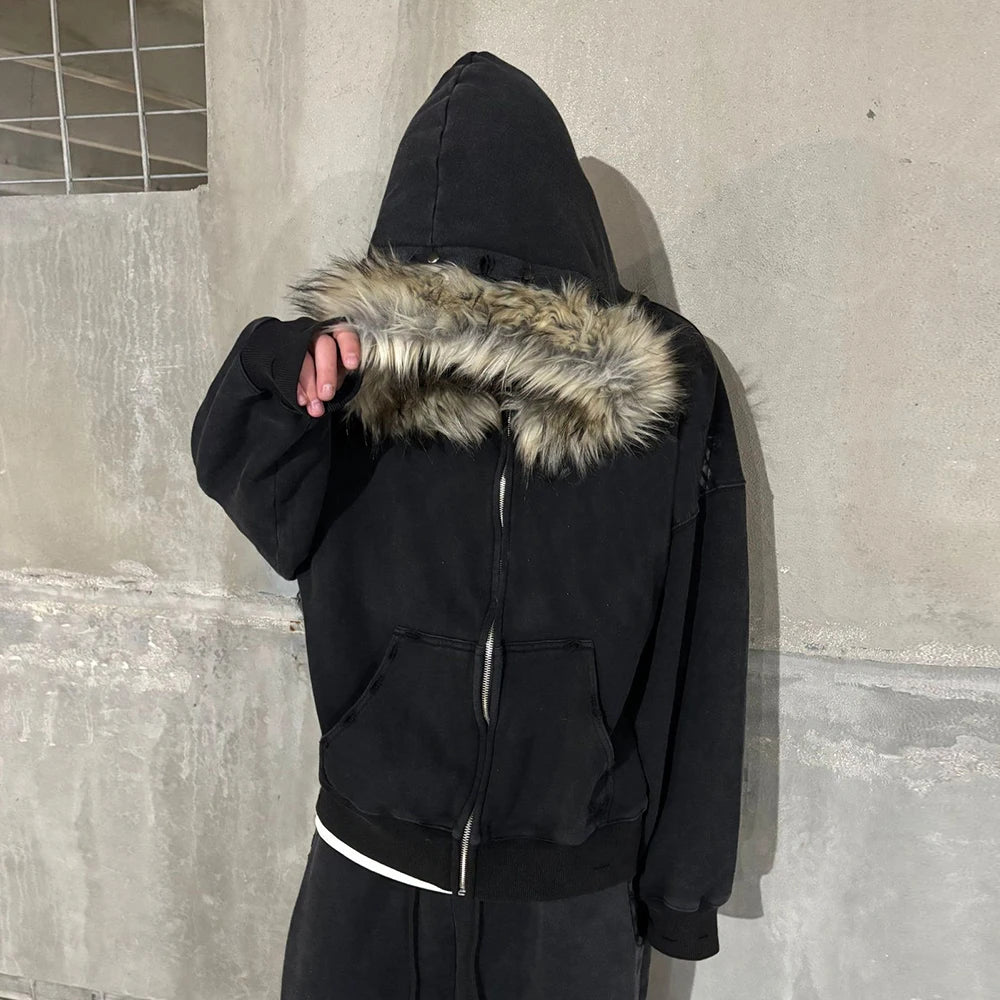 Black Hooded Men’s Jacket with Fur Trim