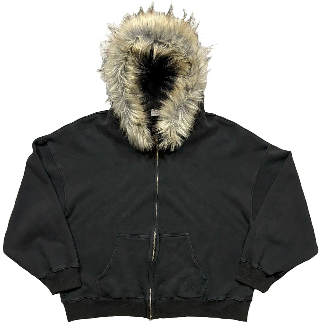 Black Hooded Men’s Jacket with Fur Trim