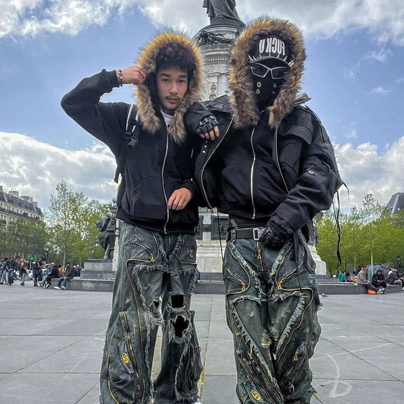 Grey Hooded Jacket with Fur