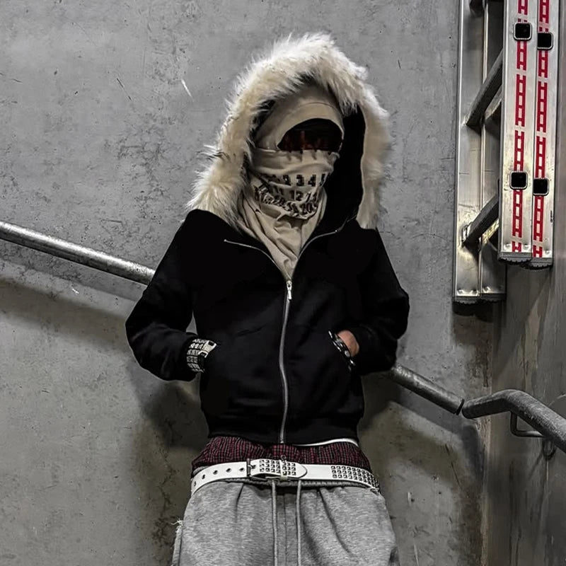 Black Hooded Men’s Jacket with Fur Trim