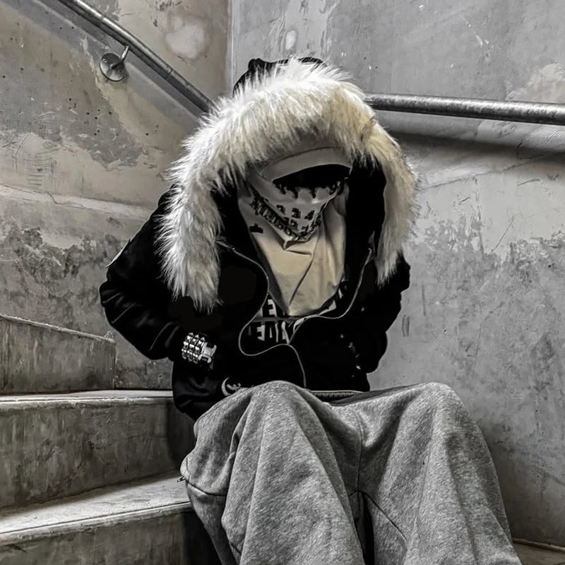 Black Hooded Men’s Jacket with Fur Trim